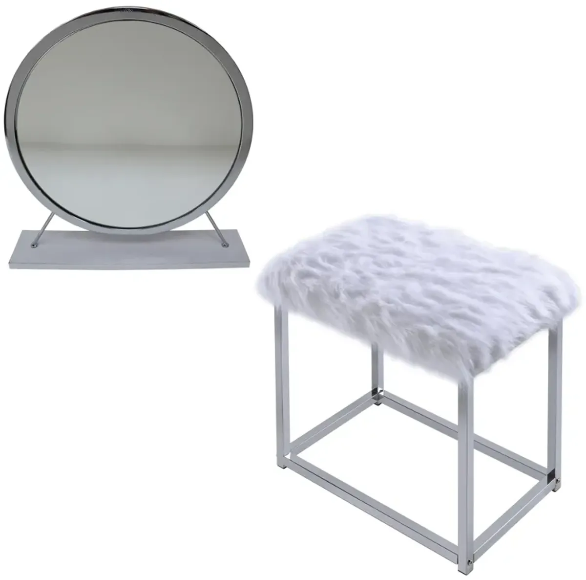 ACME Adao Vanity Mirror & Stool, Faux Fur, Mirror, White & Chrome Finish