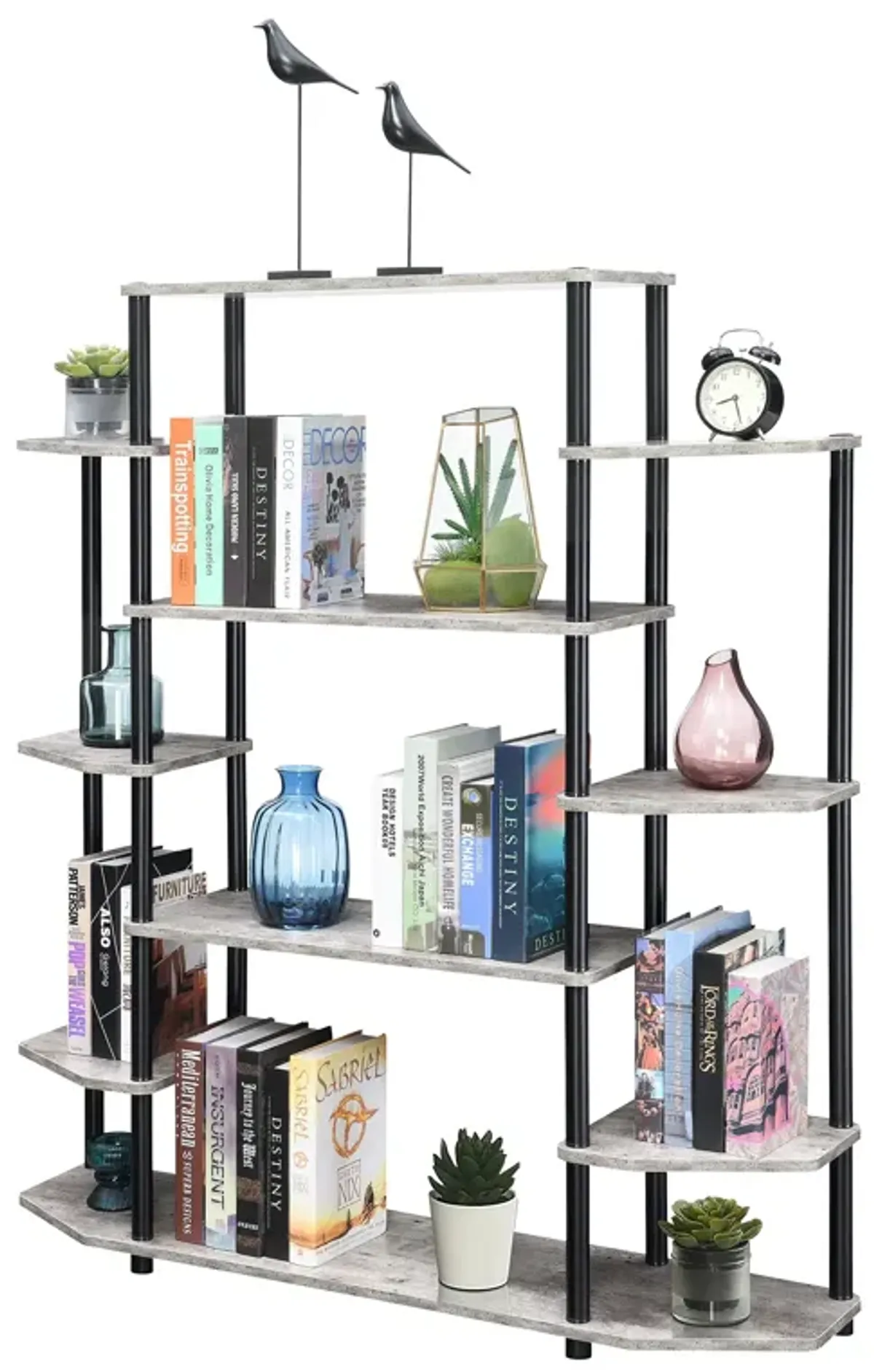 Convenience Concepts Designs2Go No Tools Book Shelf - Contemporary Storage Shelves for Display, 10 Spacious Shelves for Living Room, Office, Faux Birch/Black Poles