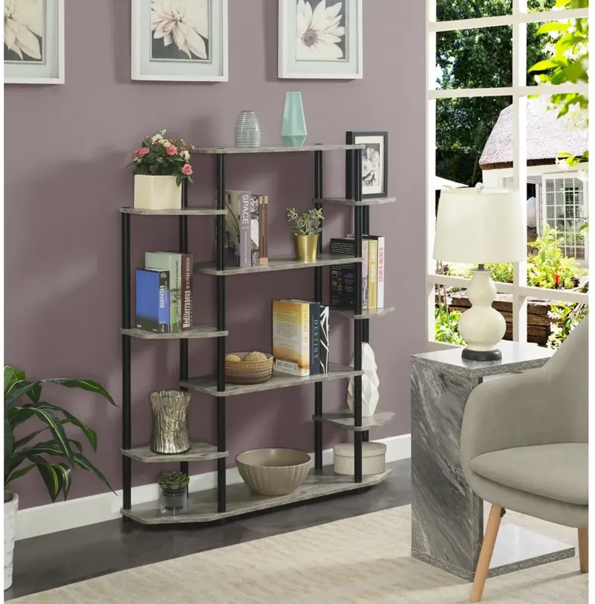 Convenience Concepts Designs2Go No Tools Book Shelf - Contemporary Storage Shelves for Display, 10 Spacious Shelves for Living Room, Office, Faux Birch/Black Poles