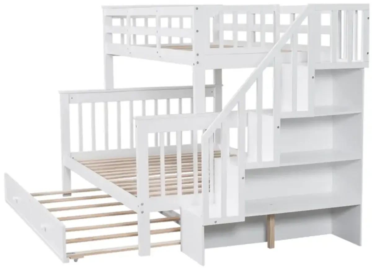 Twin Over Full Bunk Bed With Twin Size Trundle, Storage And Guard Rail For Bedroom