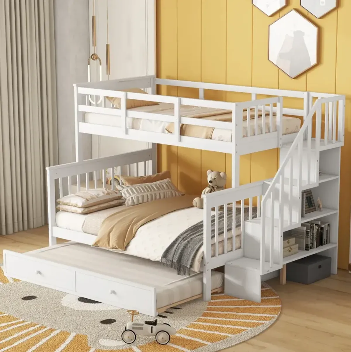 Twin Over Full Bunk Bed With Twin Size Trundle, Storage And Guard Rail For Bedroom