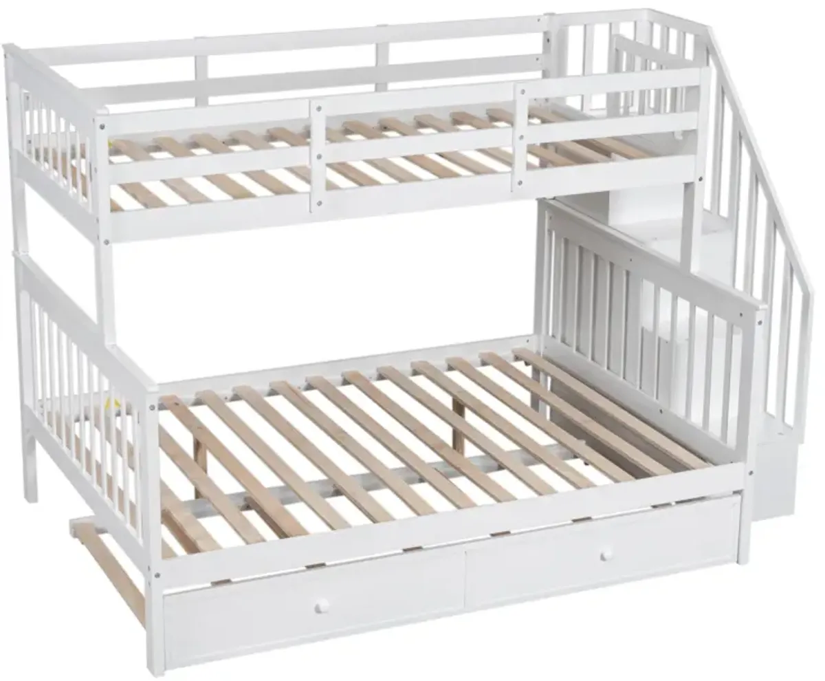 Twin Over Full Bunk Bed With Twin Size Trundle, Storage And Guard Rail For Bedroom