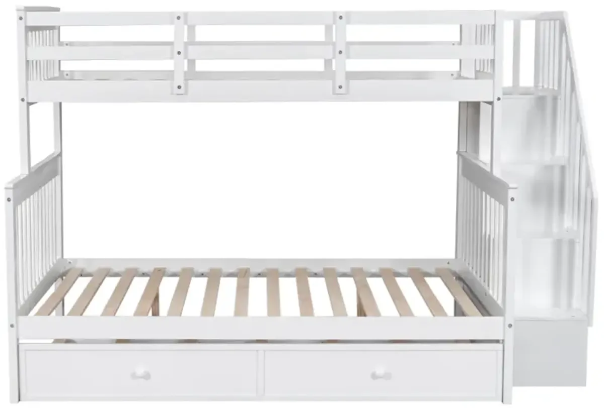 Twin Over Full Bunk Bed With Twin Size Trundle, Storage And Guard Rail For Bedroom