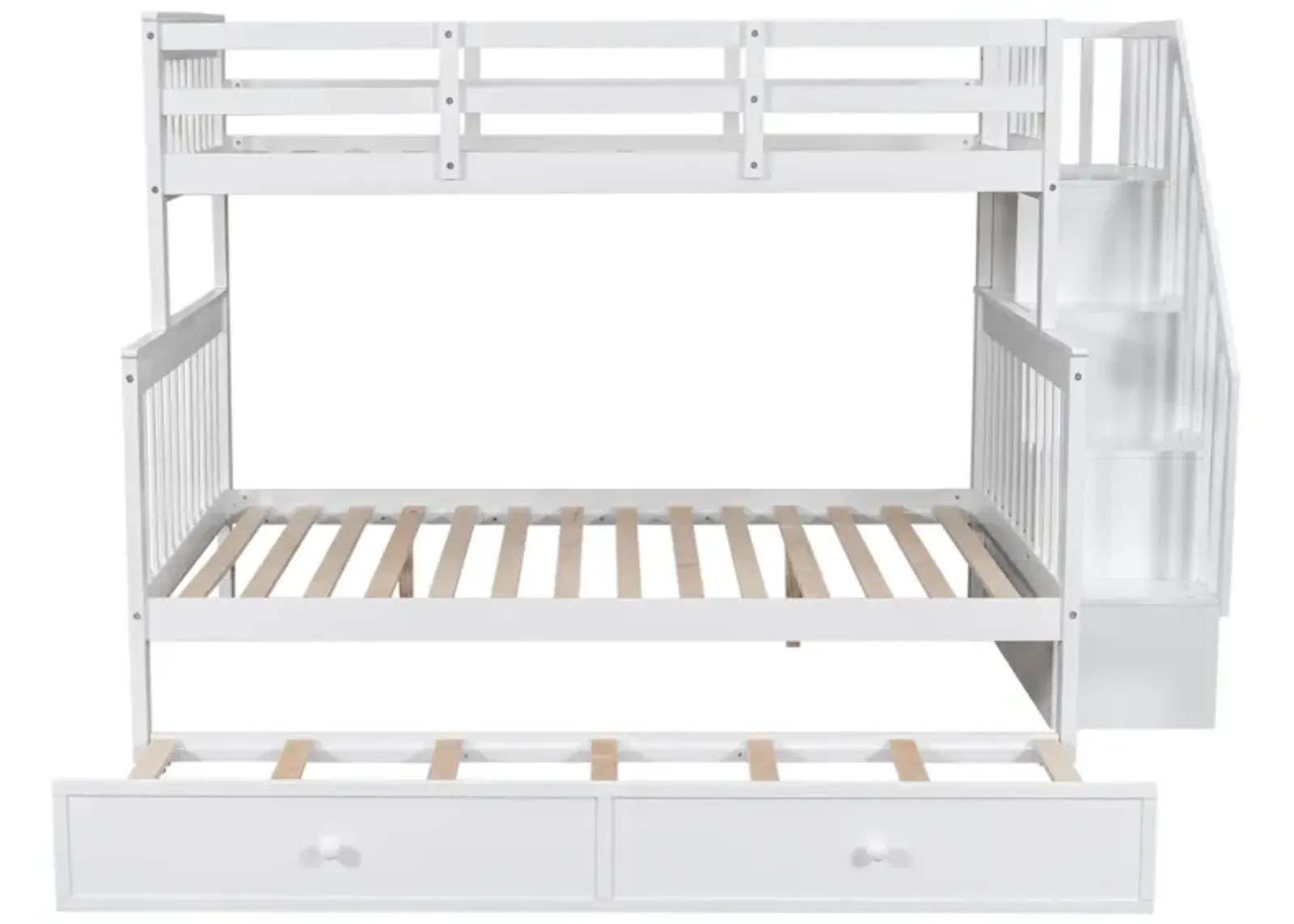 Twin Over Full Bunk Bed With Twin Size Trundle, Storage And Guard Rail For Bedroom