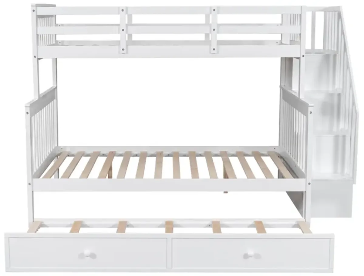 Twin Over Full Bunk Bed With Twin Size Trundle, Storage And Guard Rail For Bedroom