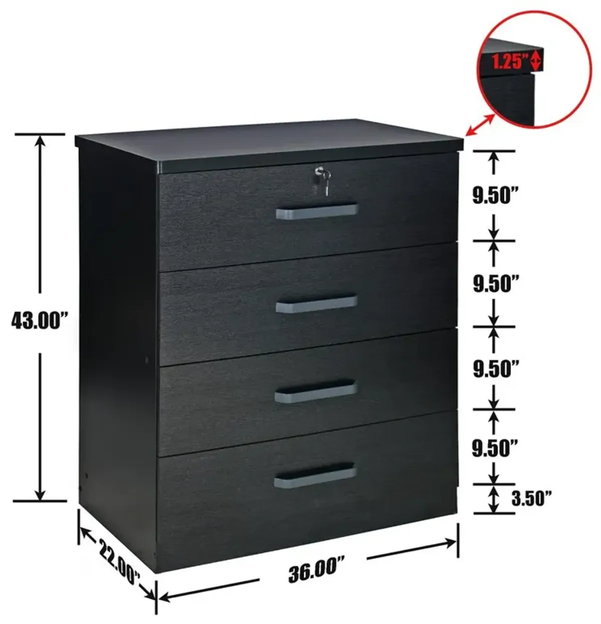 Better Home Products Liz Super Jumbo 4 Drawer Storage Chest Dresser in Black