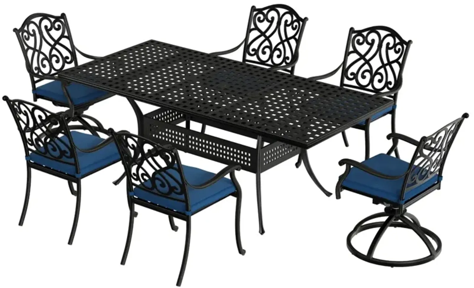 Mondawe 7-Piece Cast Aluminum Outdoor Dining Set with 1 Rectangle Extendable Table 4 Dining Chairs 2 Swivel Rockers with Cushion