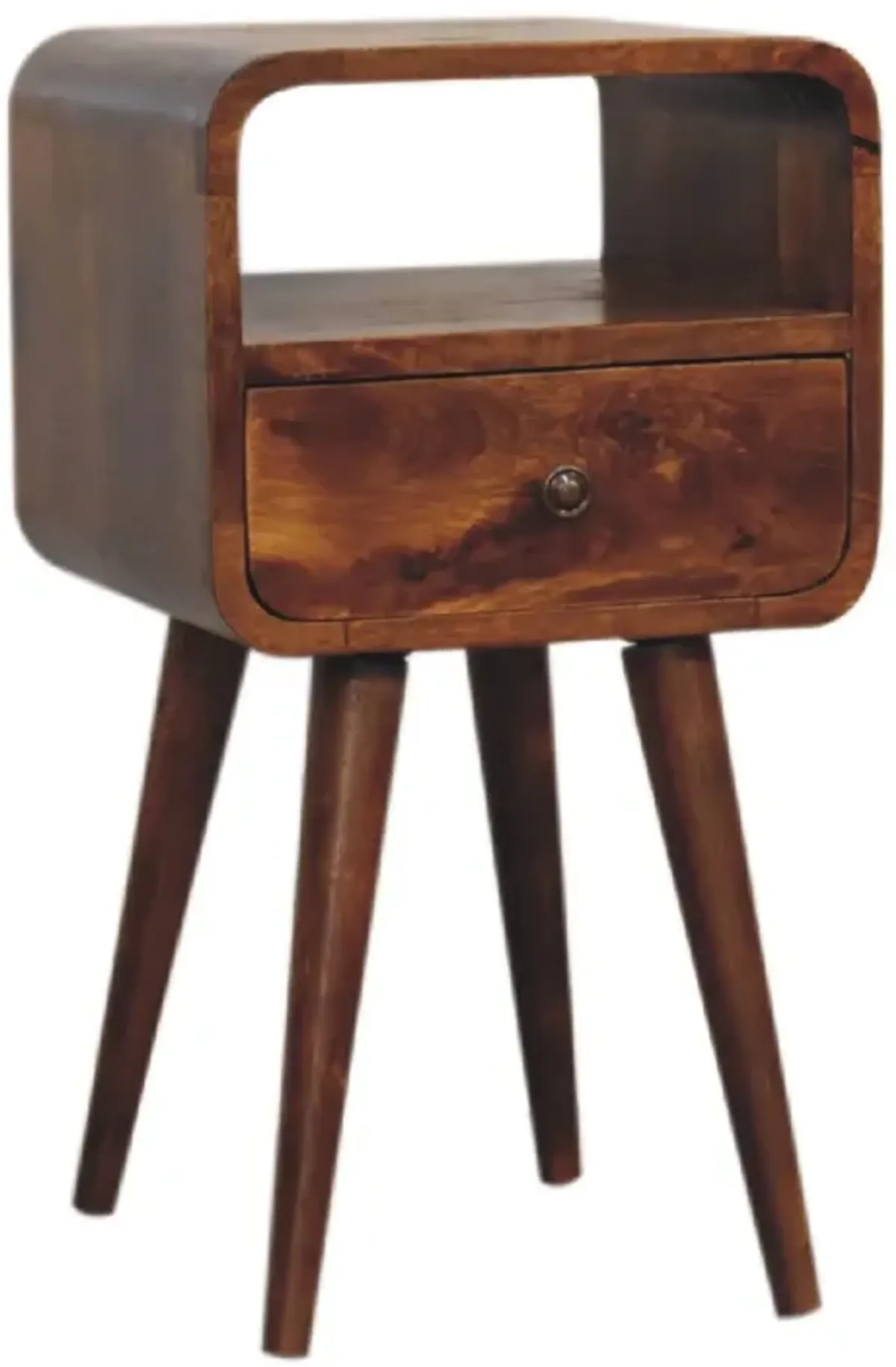 Mini Chestnut Curved 1 Drawer Nightstand  with Open Slot