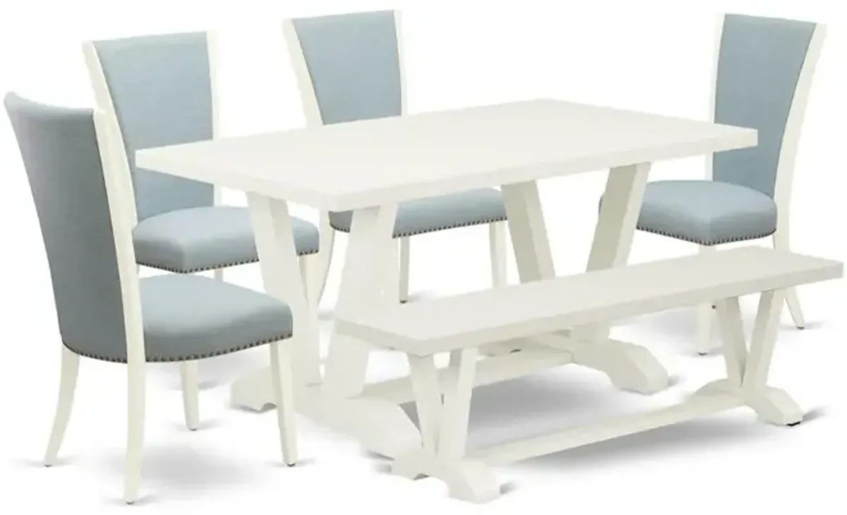 East West Furniture V026VE215-6 6 Piece Dining Room Table Set - 4 Baby Blue Linen Fabric Dining Chair with Nailheads and Linen White Dinner Table - 1 Kitchen Bench - Linen White Finish