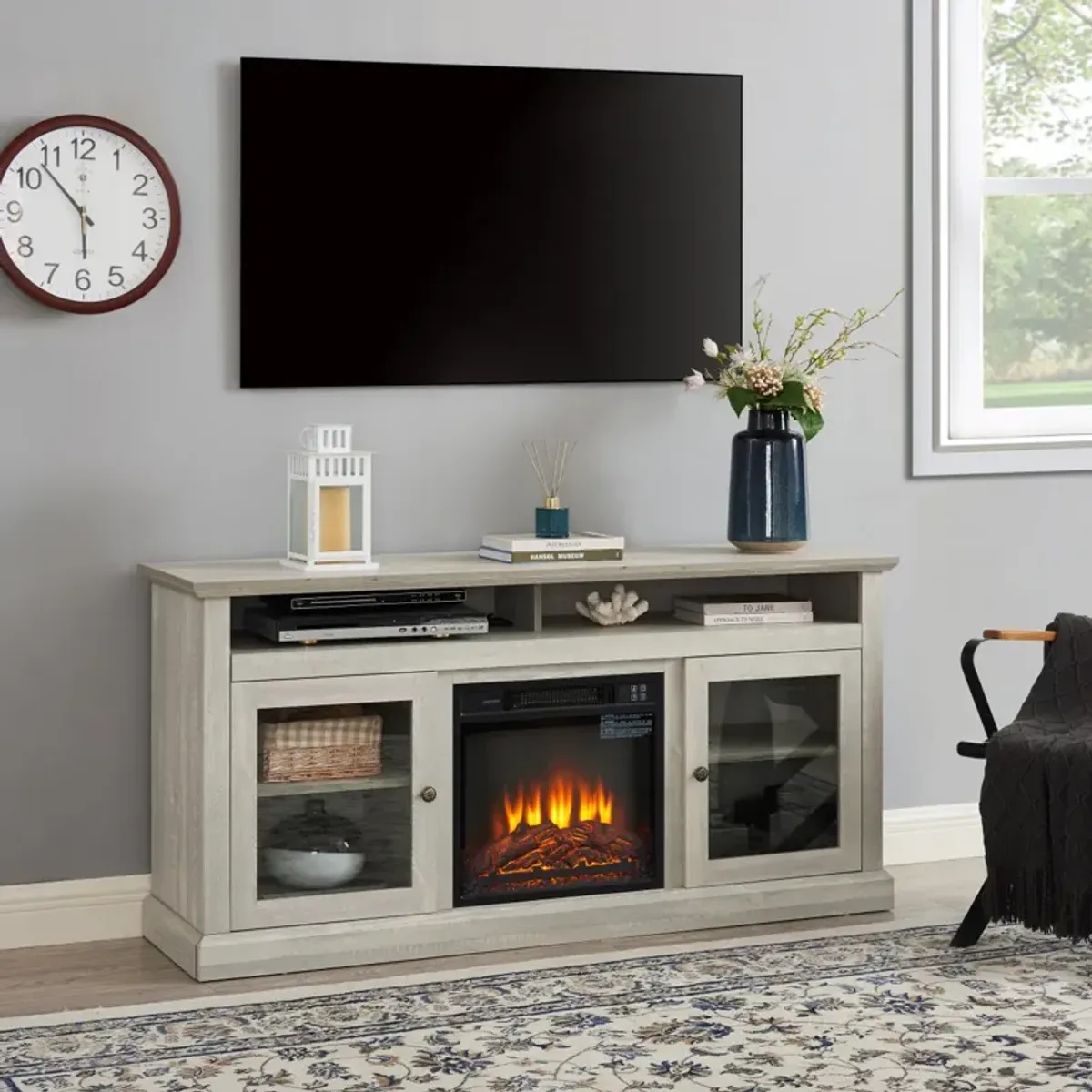 Modern TV Stand with Fireplace Insert, Stone Gray, 60" W