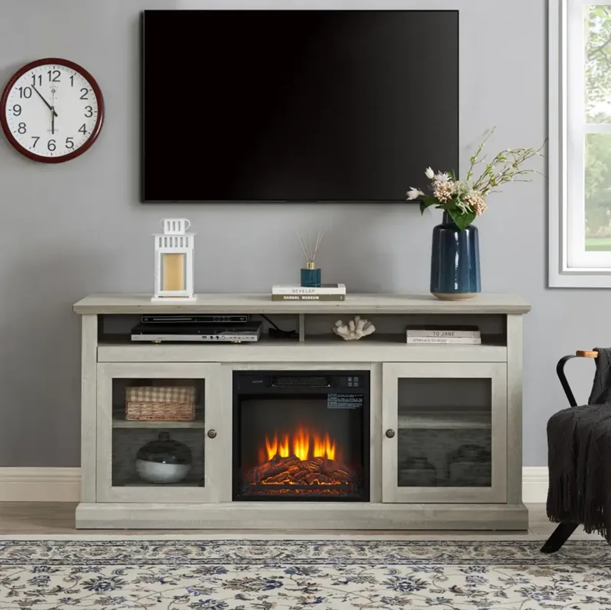 Modern TV Stand with Fireplace Insert, Stone Gray, 60" W