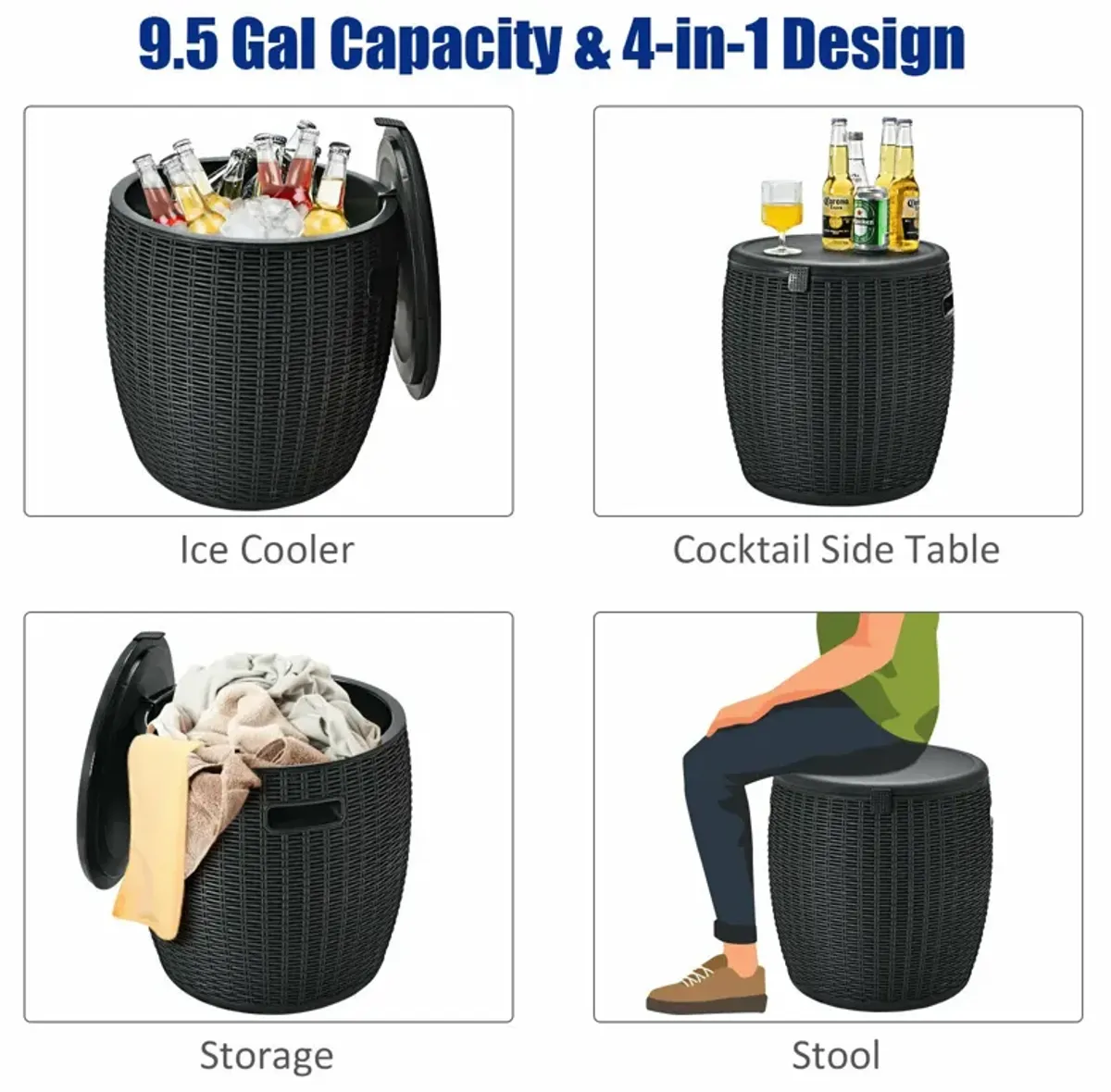 9.5 Gallon 4-in-1 Patio Rattan Cool Bar Cocktail Table Side Table