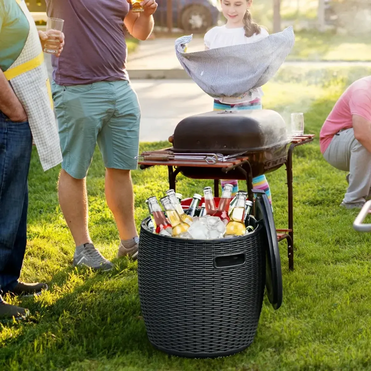 9.5 Gallon 4-in-1 Patio Rattan Cool Bar Cocktail Table Side Table