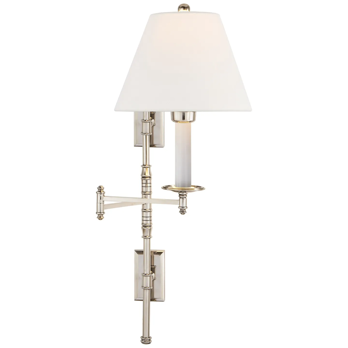 Dorchester Double Backplate Swing Arm in Polished Nickel with Linen Shade