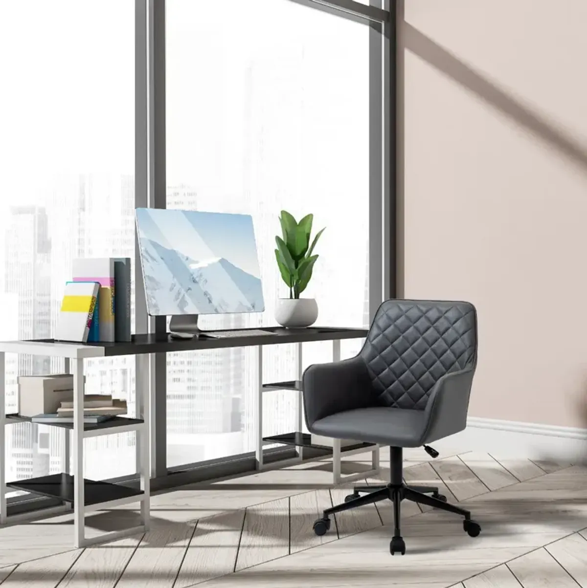 Dark Grey Task Chair: Office Chair with Diamond Design and Padded Arms