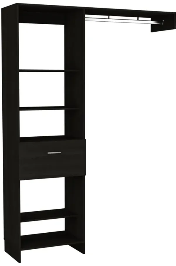 DEPOT E-SHOP Dynamic 150 Closet System, Five Open Shelves, One Drawer, One Metal Rod, Black