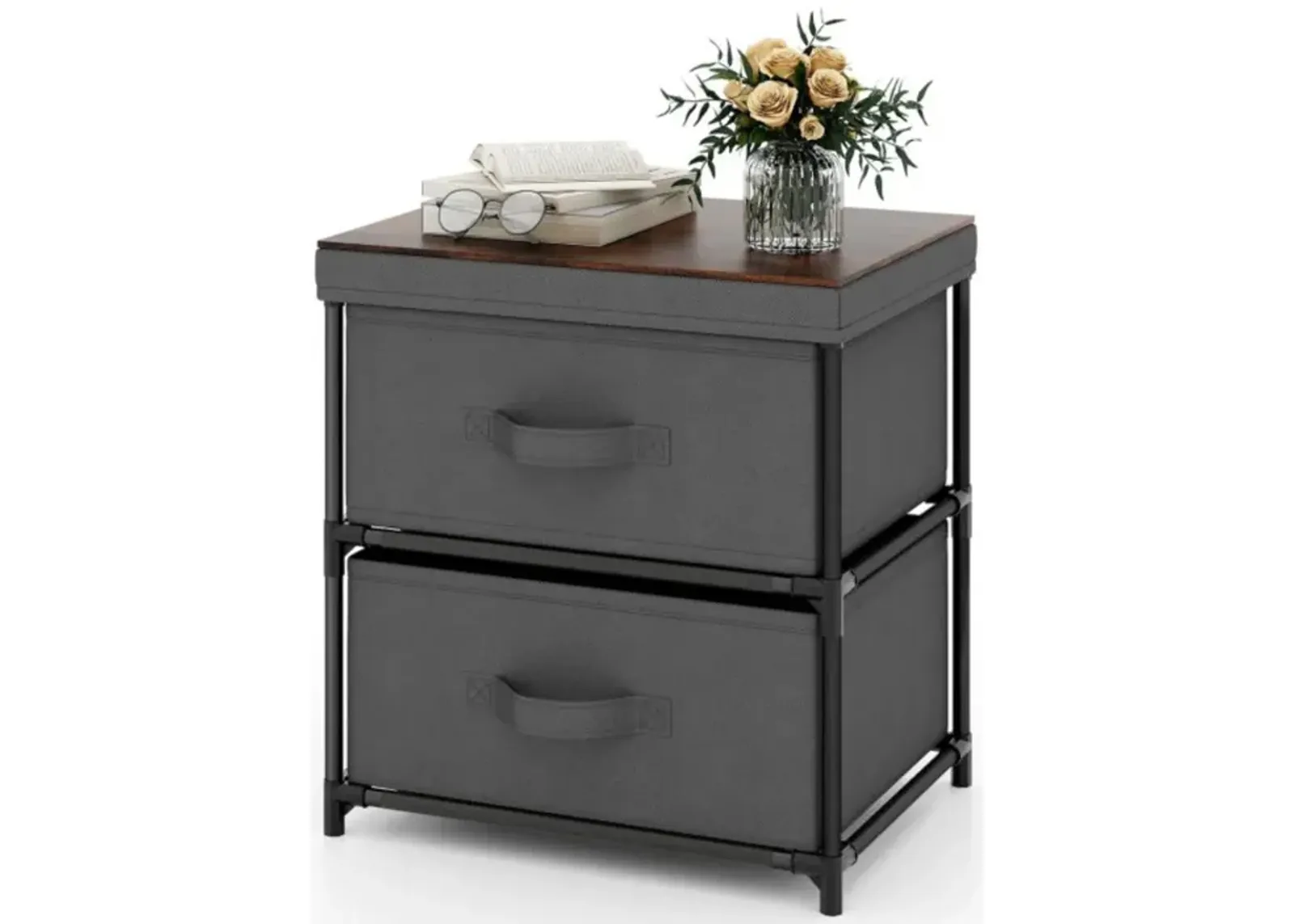 Hivvago 2-Drawer Nightstand with Removable Fabric Bins and Pull Handles-Gray