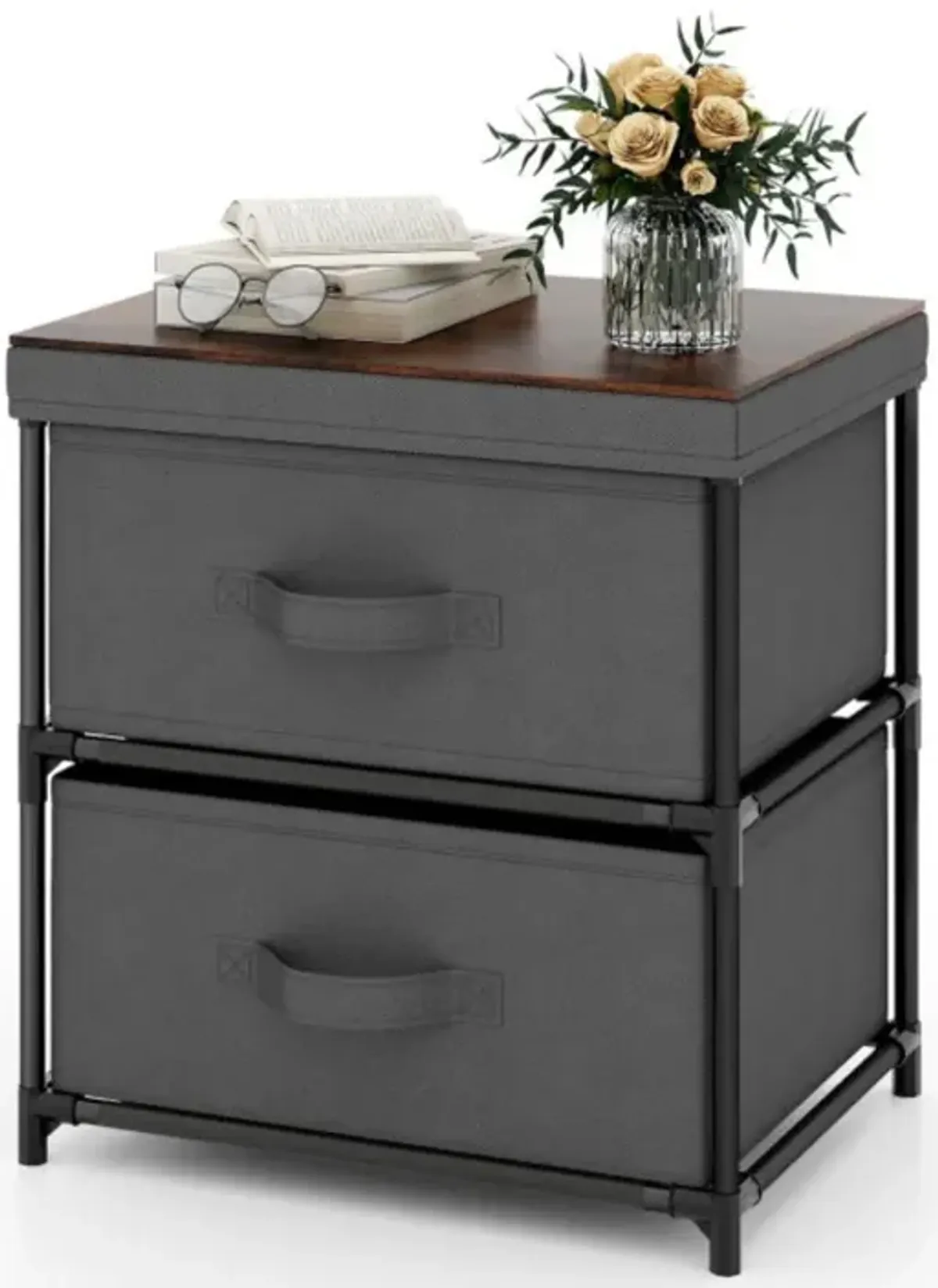 Hivvago 2-Drawer Nightstand with Removable Fabric Bins and Pull Handles-Gray