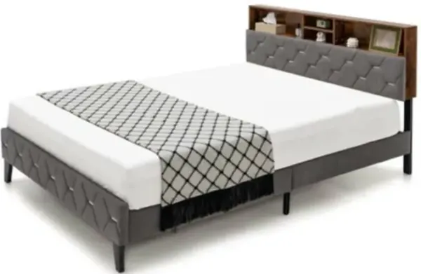 Hivvago Full Size Velvet Upholstered Open/Close Storage Headboard Platform Bed