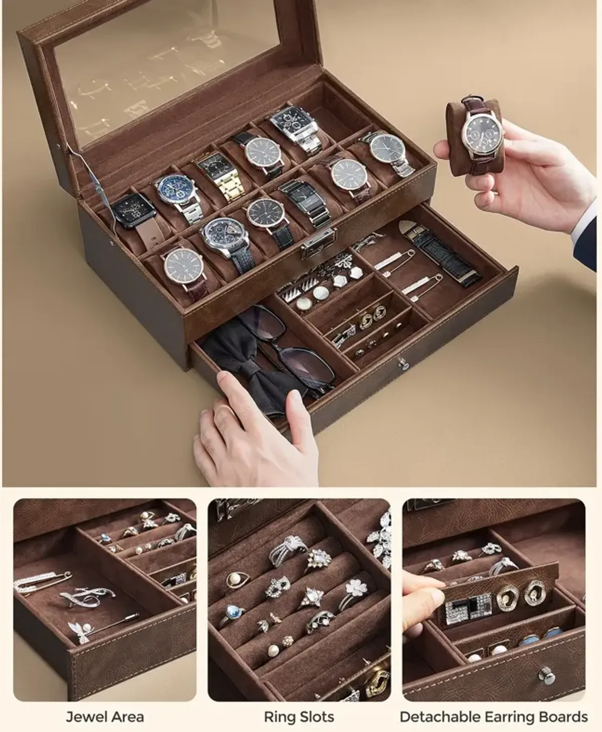 12-Slot Men's Watch Box Jewelry Organizer with Lock and Keys