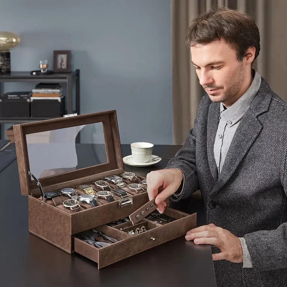 12-Slot Men's Watch Box Jewelry Organizer with Lock and Keys