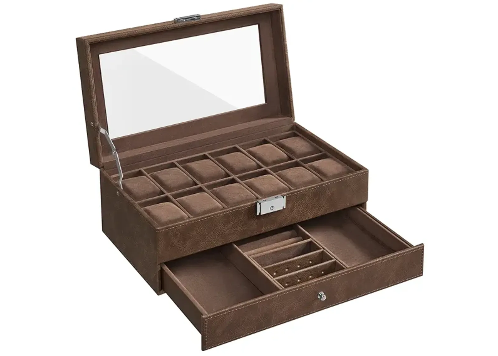 12-Slot Men's Watch Box Jewelry Organizer with Lock and Keys