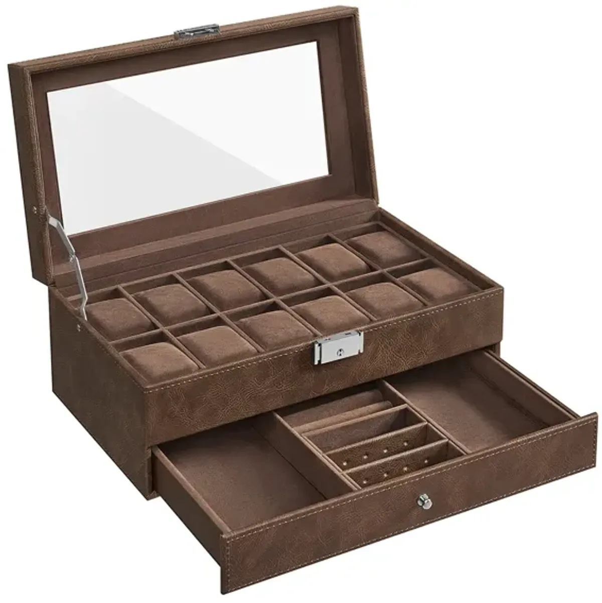 12-Slot Men's Watch Box Jewelry Organizer with Lock and Keys