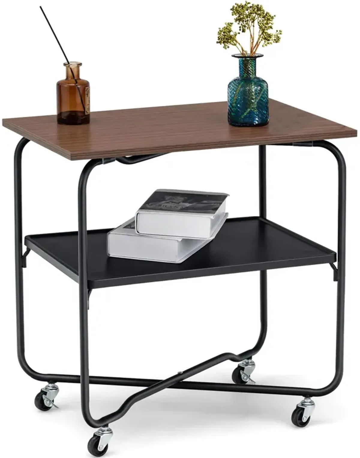 2-Tier End Table with Metal Storage Shelf and Foldable Frame