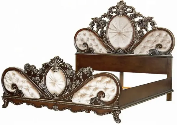 Vany King Bed, Scrolled Carved Headboard, Ivory Upholstery, Cherry - Benzara