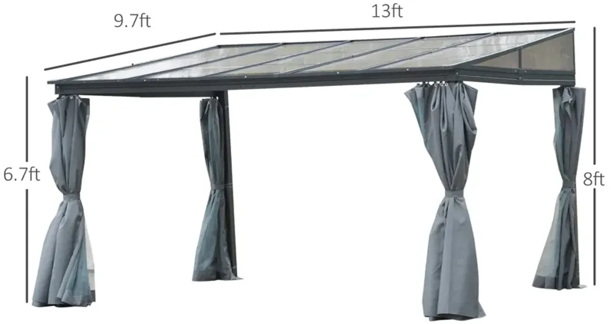 Grey Garden Pavilion: 13'x9.5'x8' Pergola with PC Roof and Curtains