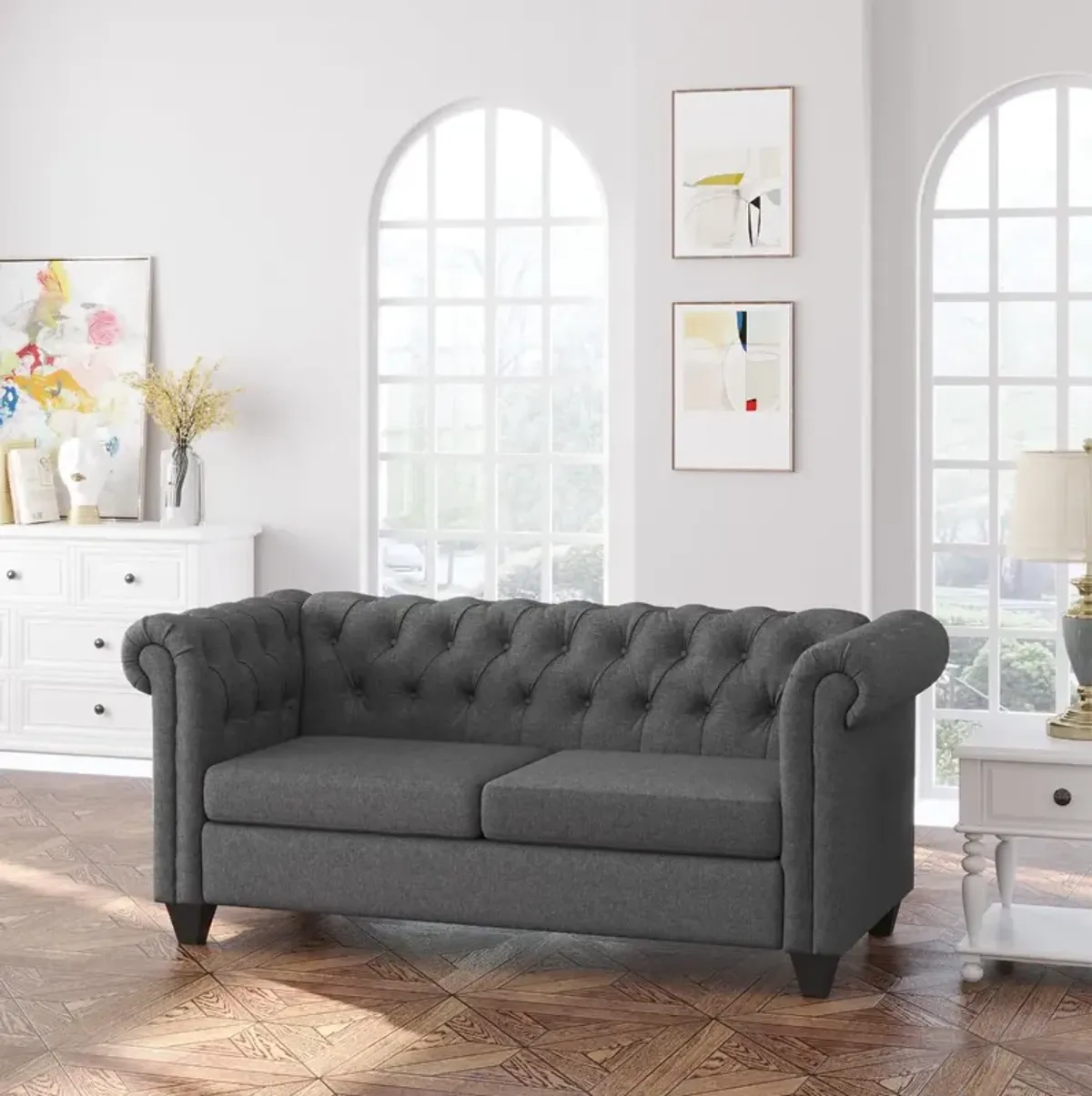 Grey Living Room Comfort: 73" Oversize Linen Fabric Loveseat