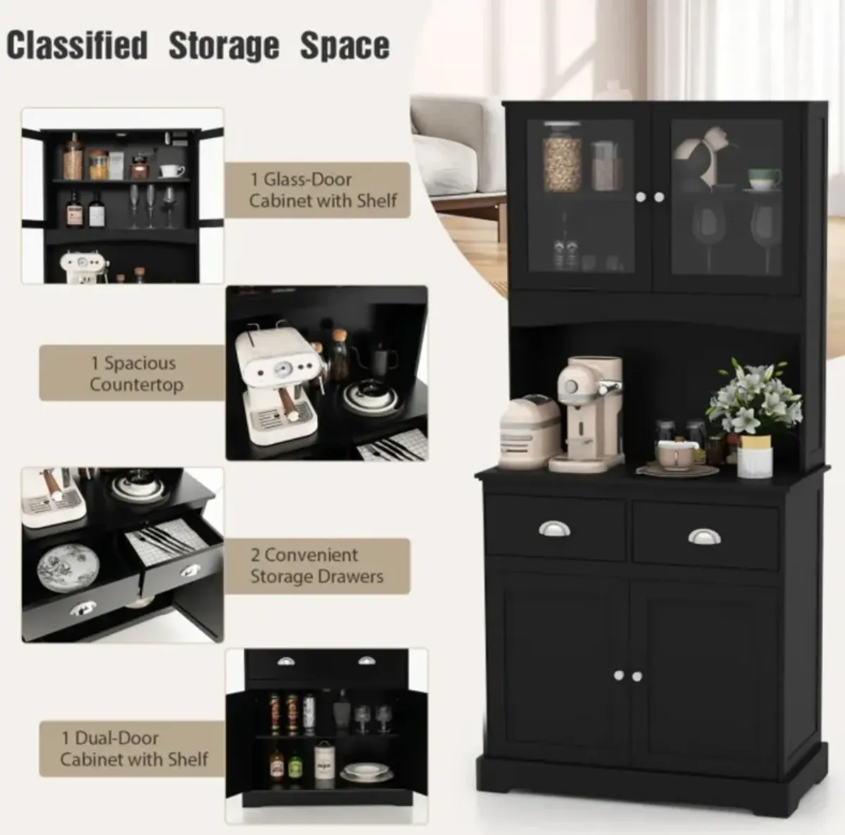 Hivvago Tall Sideboard with 2 Drawers and Adjustable Shelves