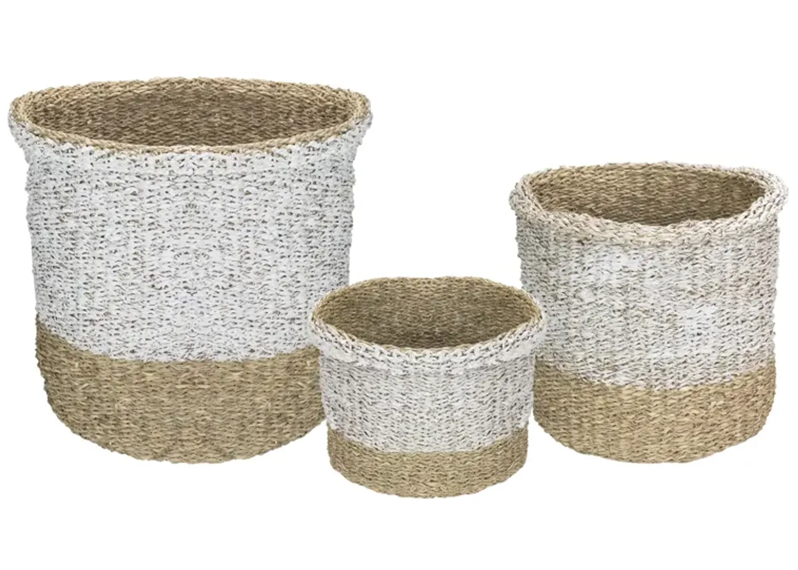 Set of 3 Beige and White Round Wicker Table and Floor Baskets