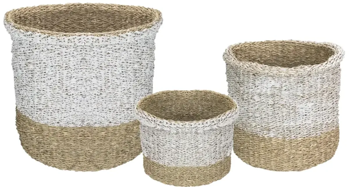 Set of 3 Beige and White Round Wicker Table and Floor Baskets