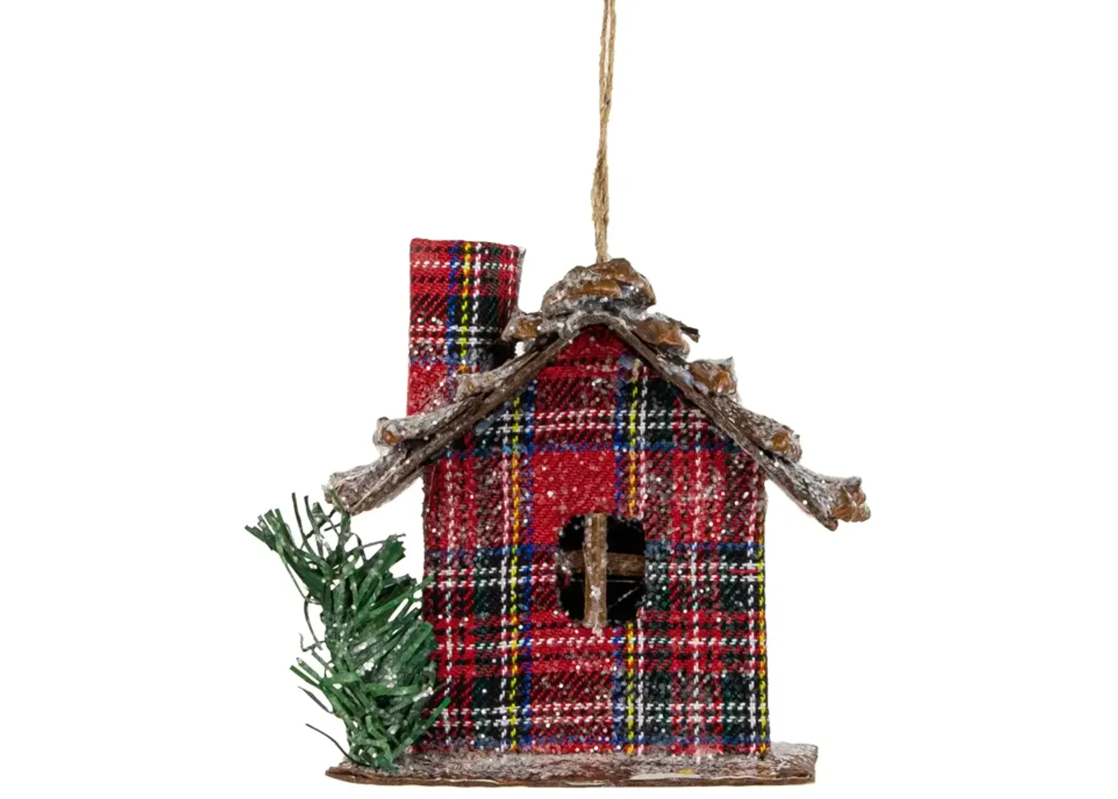 4.25" Red Plaid and Pine Needle Rustic Birdhouse Christmas Ornament