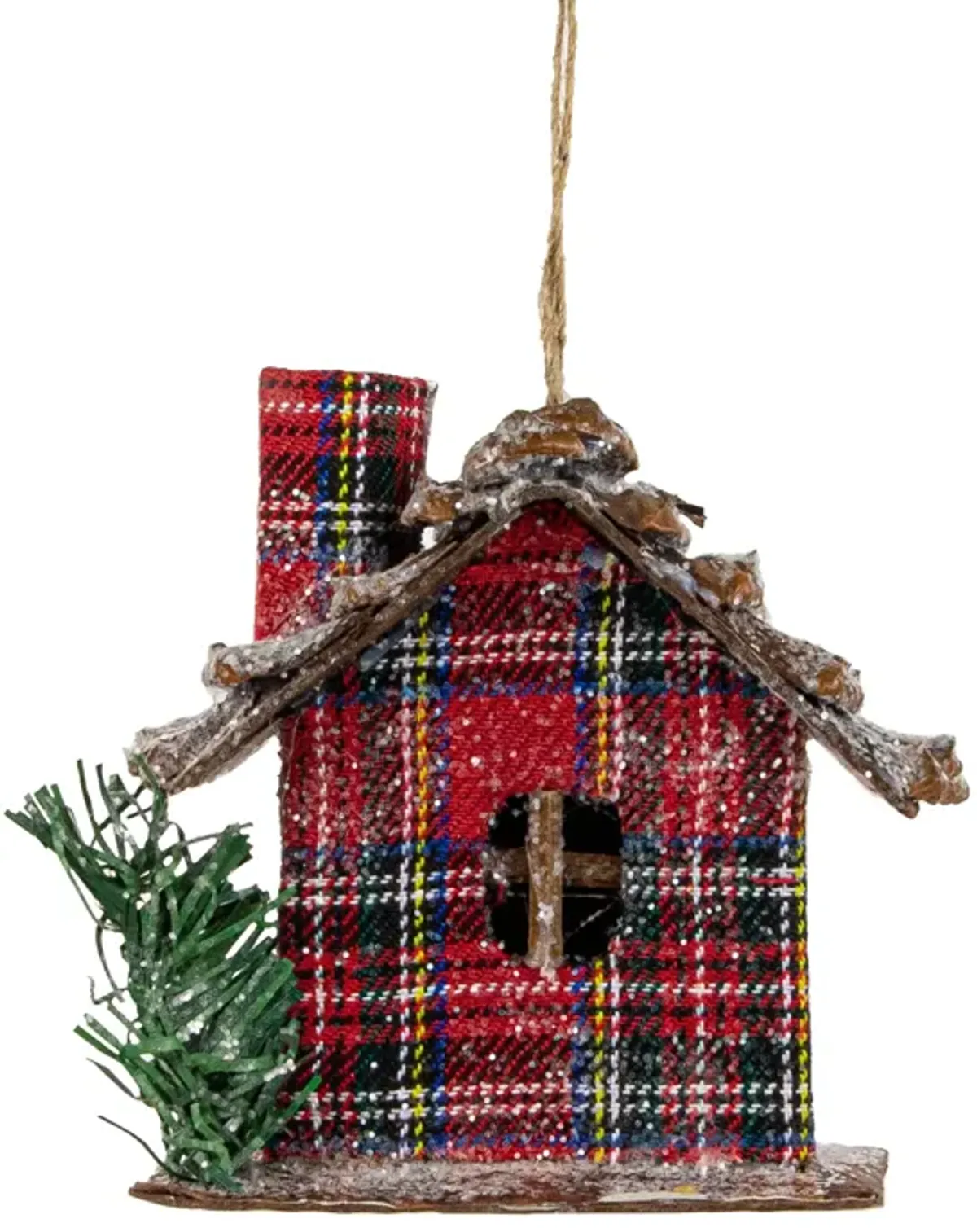 4.25" Red Plaid and Pine Needle Rustic Birdhouse Christmas Ornament