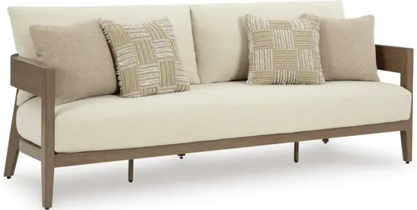 Baily Outdoor Sofa, 4 Throw Pillows, Cream White, 87 Inch Brown Metal - Benzara