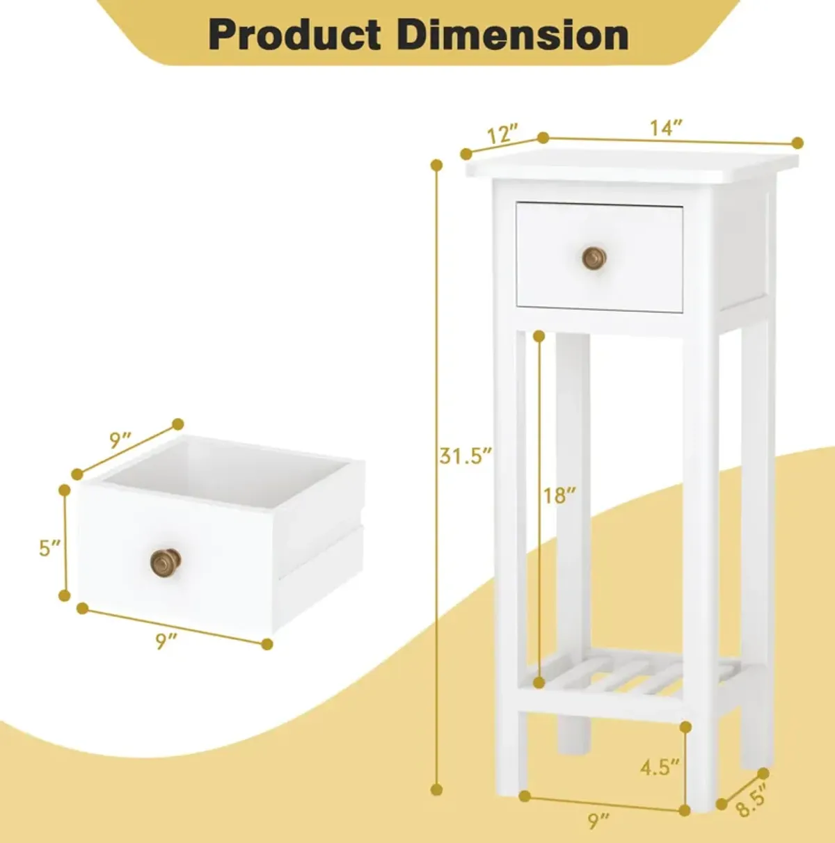 2 Tier Slim Nightstand Bedside Table with Drawer Shelf