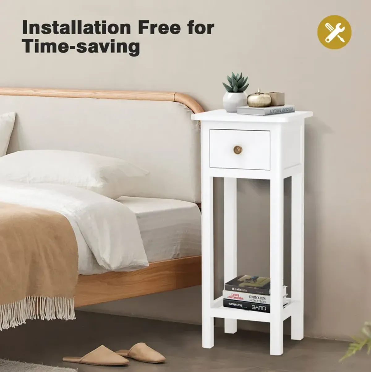 2 Tier Slim Nightstand Bedside Table with Drawer Shelf