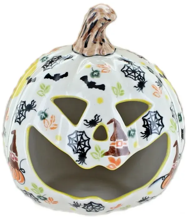 Blue Rose Polish Pottery Pumpkin Luminary  with Cats & Bats