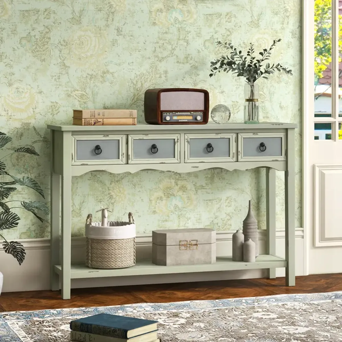 48 Inch Farmhouse Console Table with 2 Drawers and Open Storage Shelf for Hallway