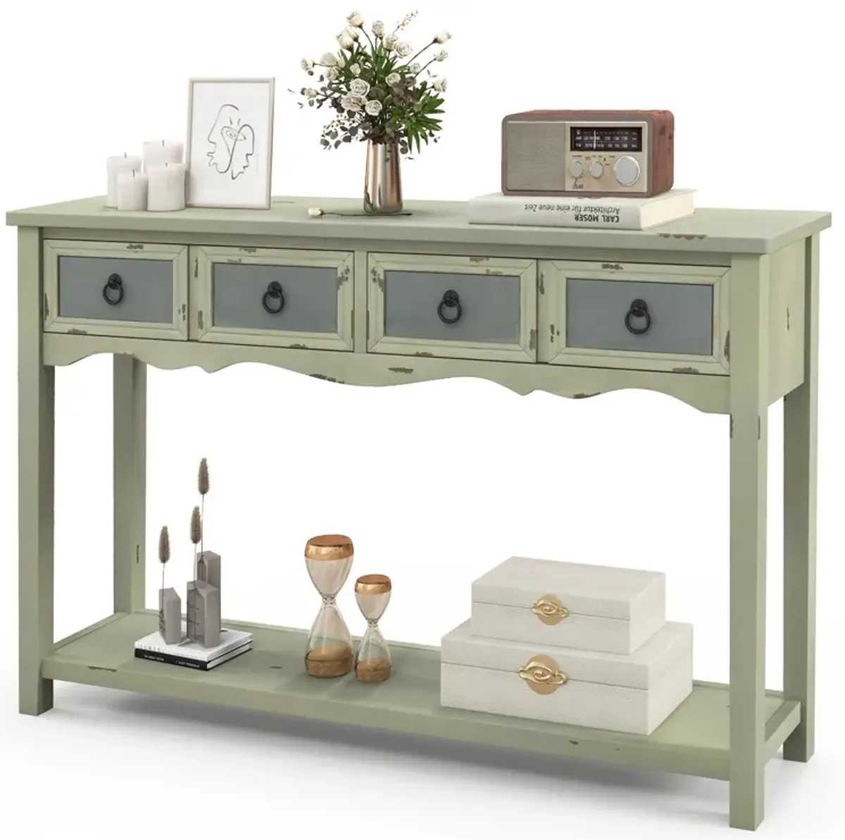 48 Inch Farmhouse Console Table with 2 Drawers and Open Storage Shelf for Hallway