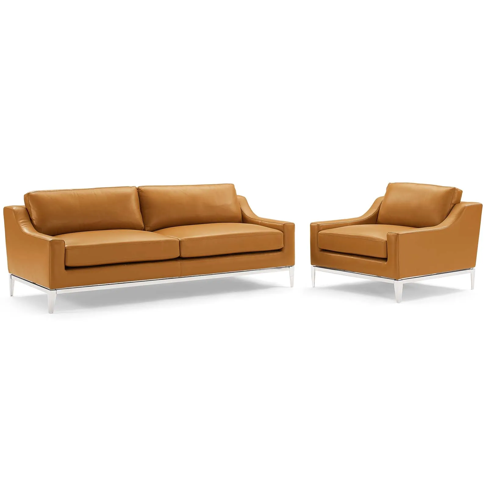 Harness Stainless Steel Base Leather Sofa & Armchair Set Brown