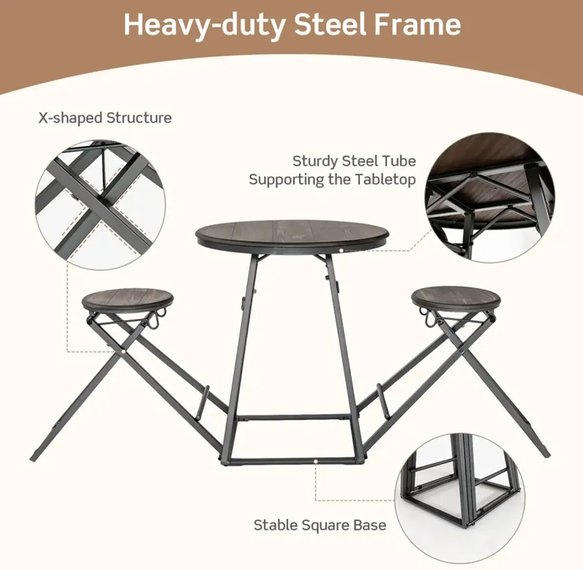 3 Pieces Dining Table Set with 2 Foldable Stools for Small Space