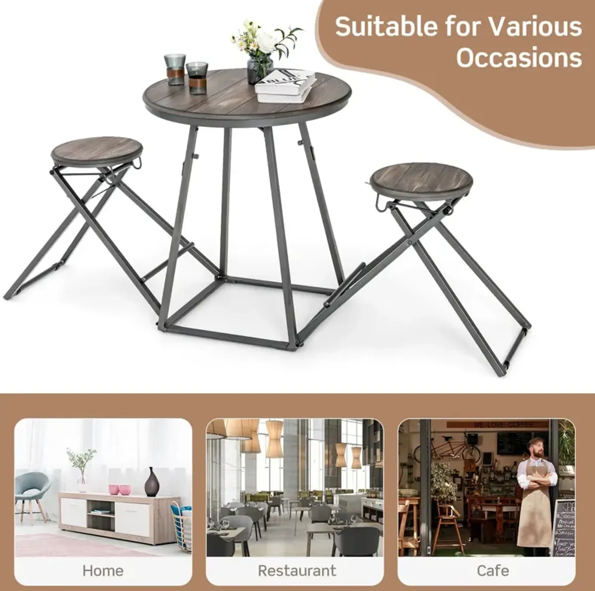 3 Pieces Dining Table Set with 2 Foldable Stools for Small Space