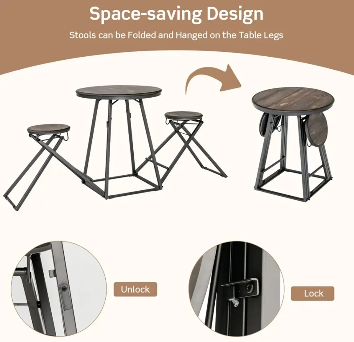 3 Pieces Dining Table Set with 2 Foldable Stools for Small Space