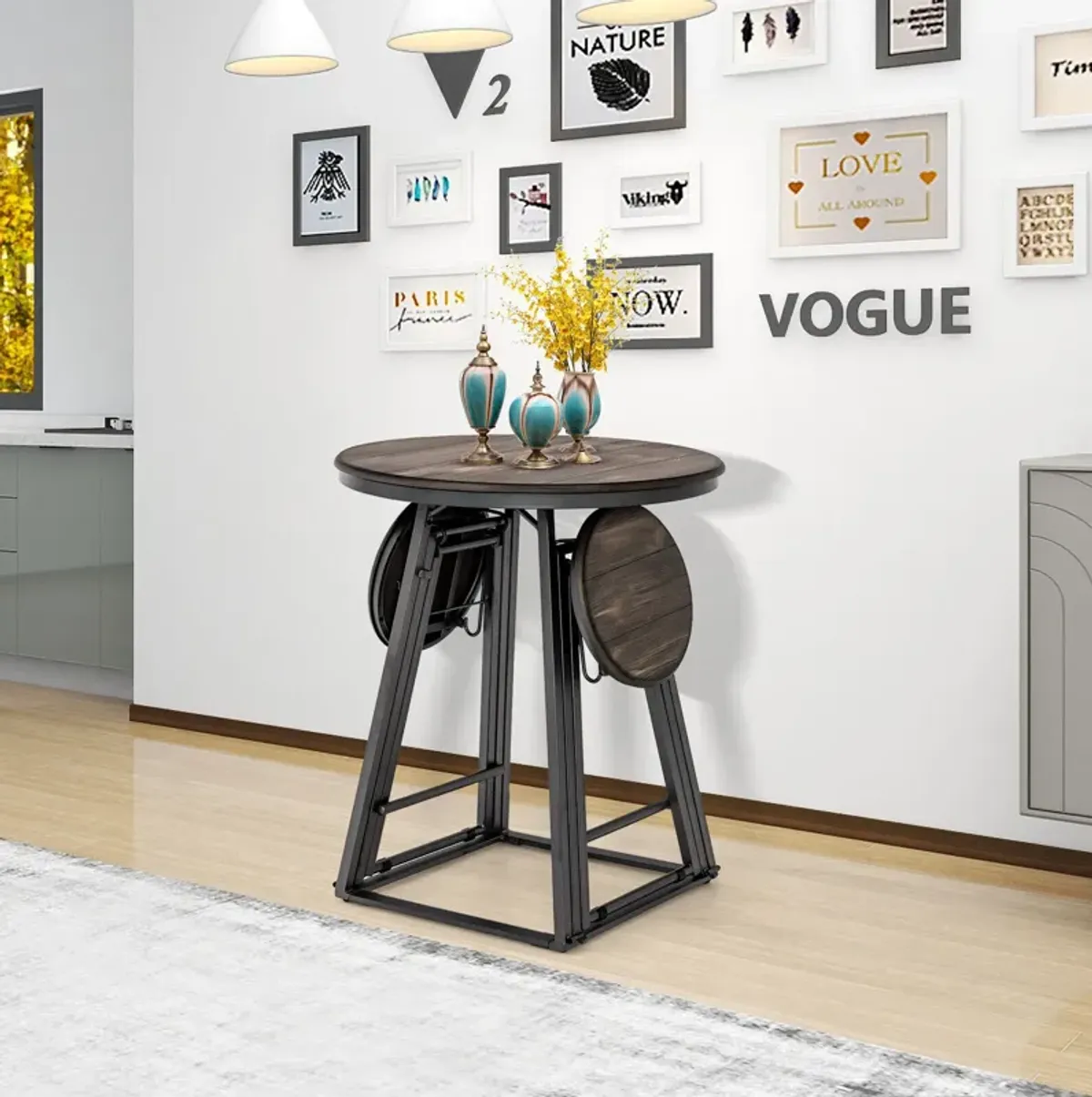 3 Pieces Dining Table Set with 2 Foldable Stools for Small Space