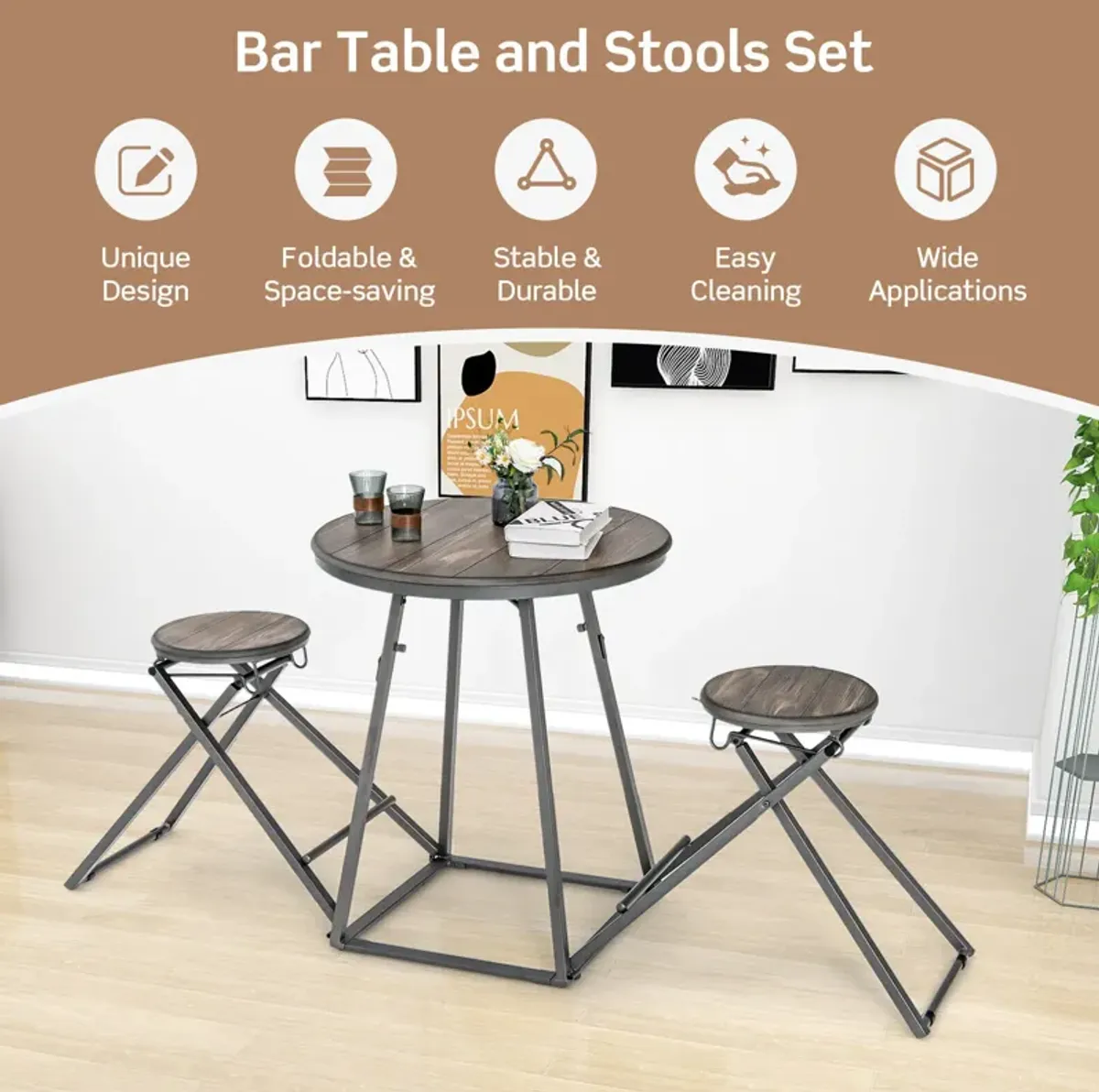 3 Pieces Dining Table Set with 2 Foldable Stools for Small Space