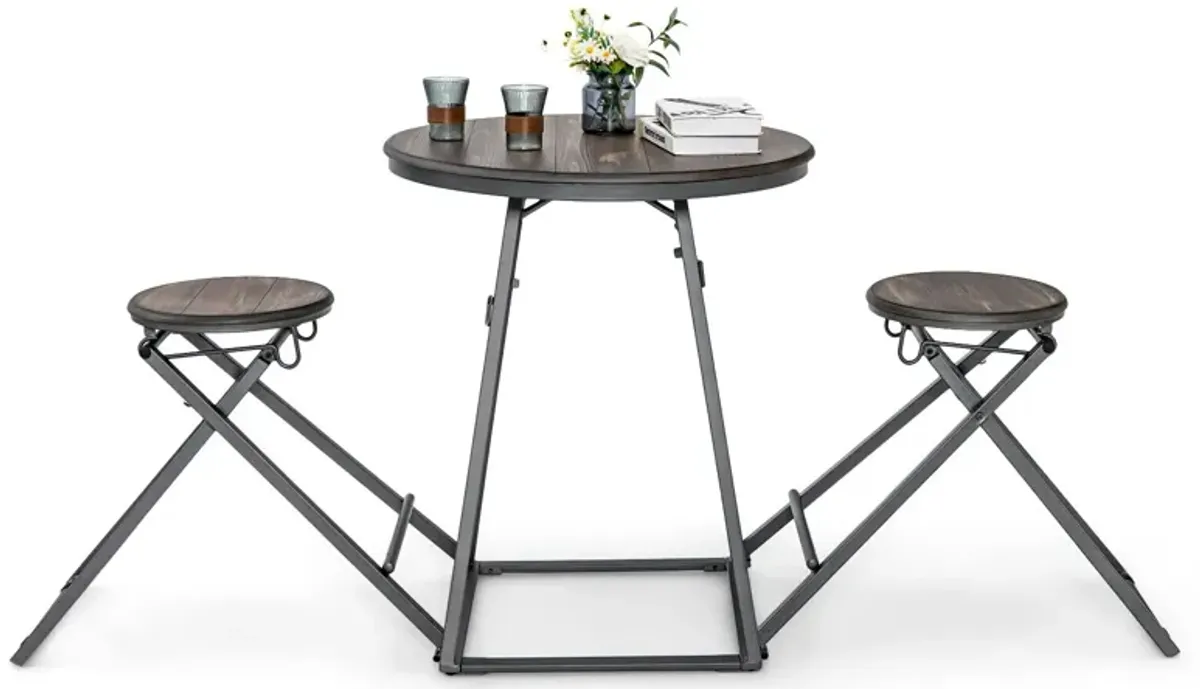 3 Pieces Dining Table Set with 2 Foldable Stools for Small Space