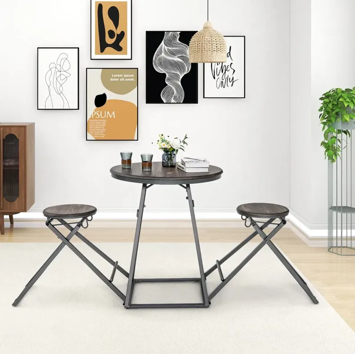 3 Pieces Dining Table Set with 2 Foldable Stools for Small Space